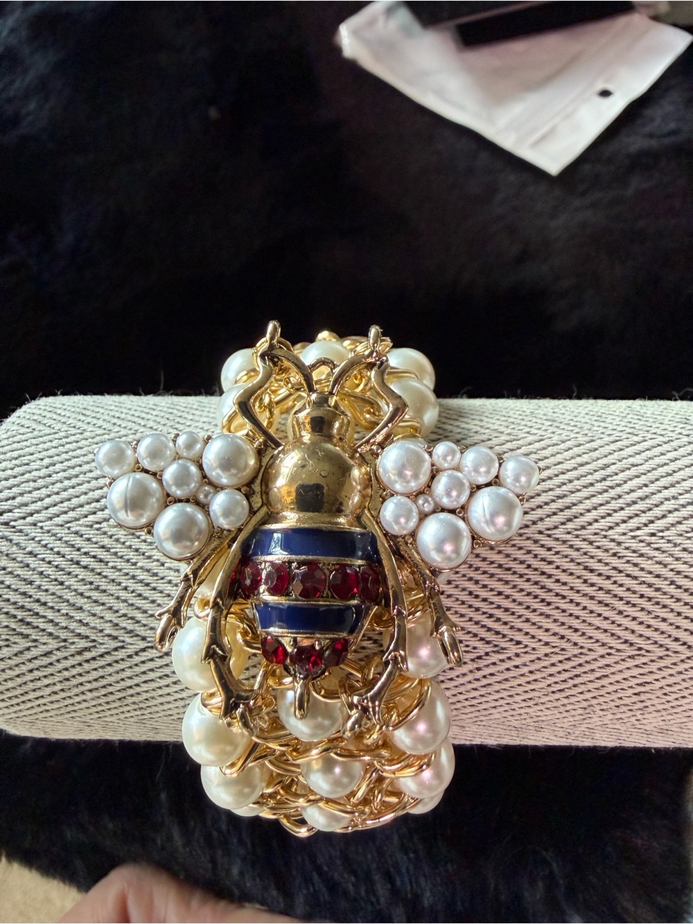Gold Bee Pearl Statement Bracelet with Blue and Red Enamel Accents